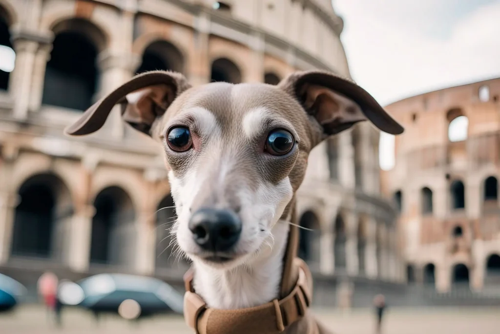An Italian Greyhound elegantly posing in front of the Colosseum