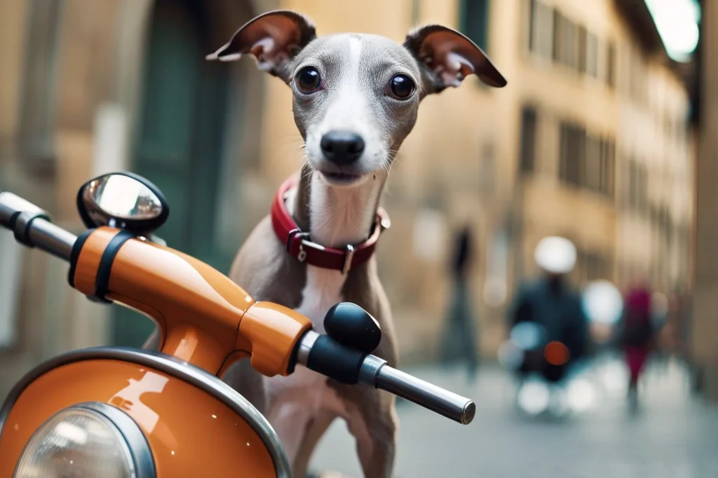 An Italian Greyhound enjoying a ride on a Vespa scooter through the streets of Florence