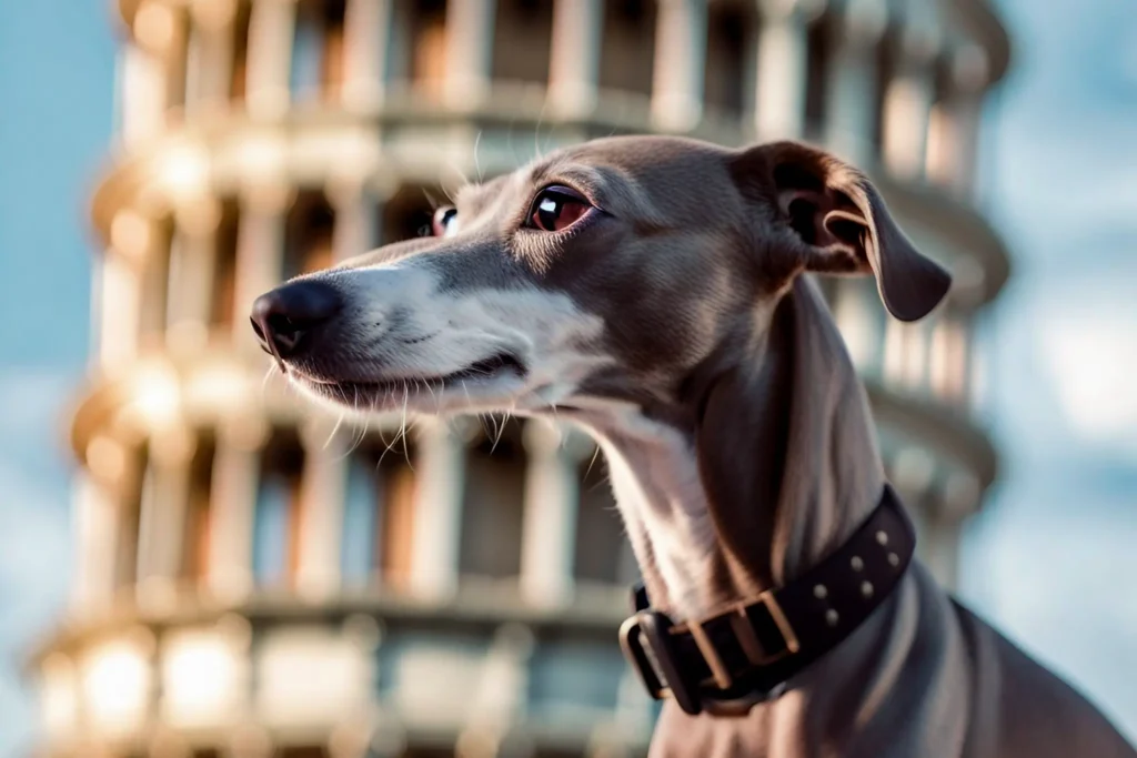 An Italian Greyhound looking at the Leaning Tower of Pisa with a tilt of its head mimicking the tow
