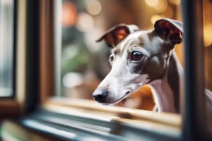 An Italian Greyhound looking out the window of a quaint Italian cafe