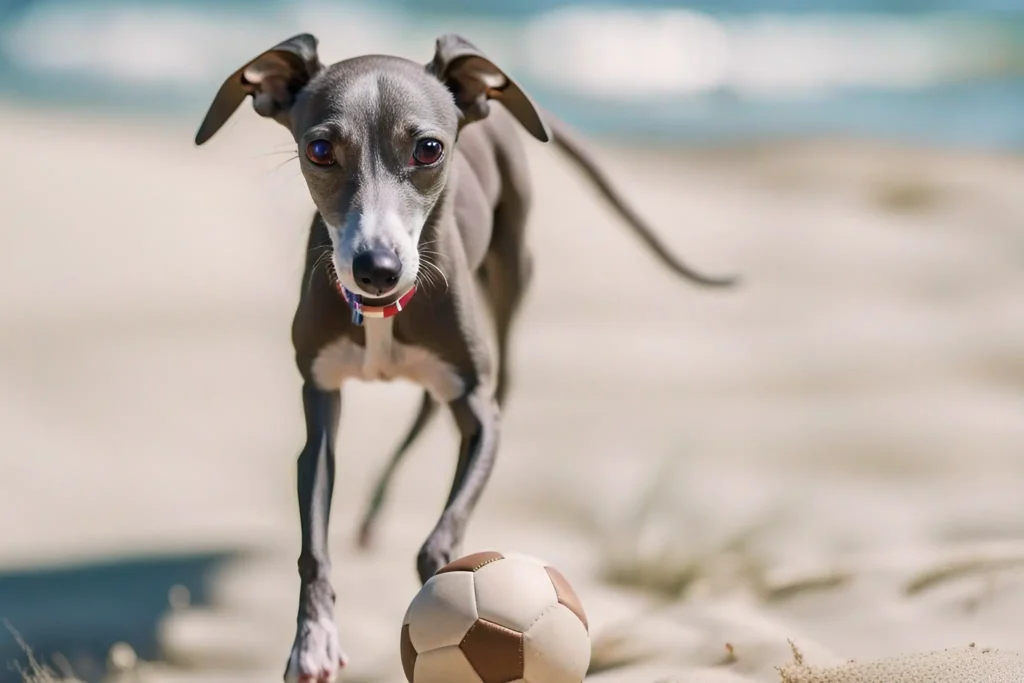 An Italian Greyhound playfully chasing a football on a sandy beach in Sicily