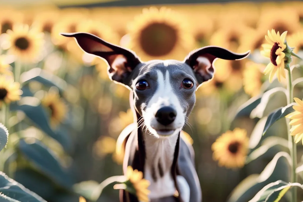 An Italian Greyhound playfully running in a field of sunflowers under the Tuscan sun