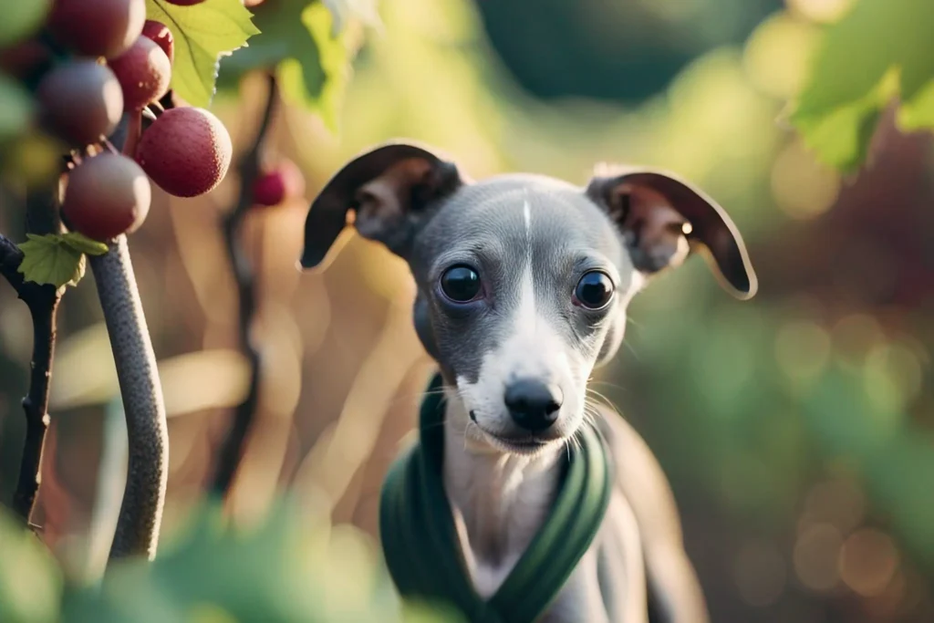 An Italian Greyhound puppy exploring a traditional Italian vineyard