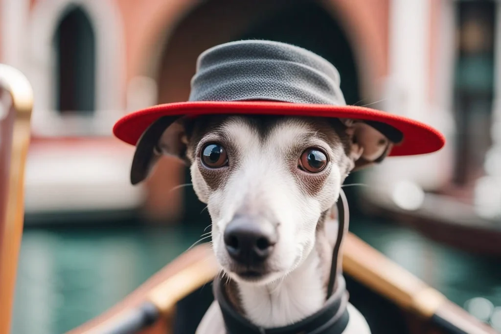 An Italian Greyhound wearing a gondoliers hat sitting in a gondola in Venice