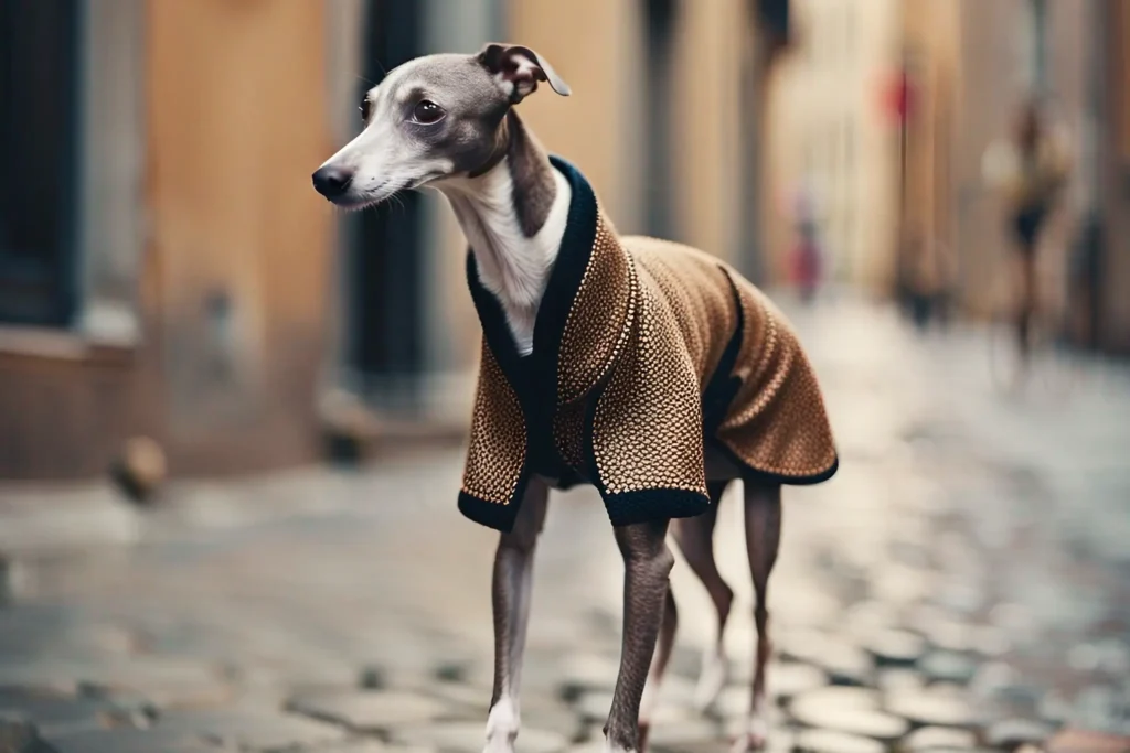 An Italian Greyhound wearing a stylish dog coat strolling down a cobbled Italian street