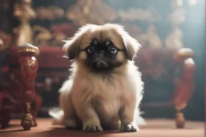 An adorable Pekingese puppy in a regal pose reflecting its ancient Chinese royalty origins