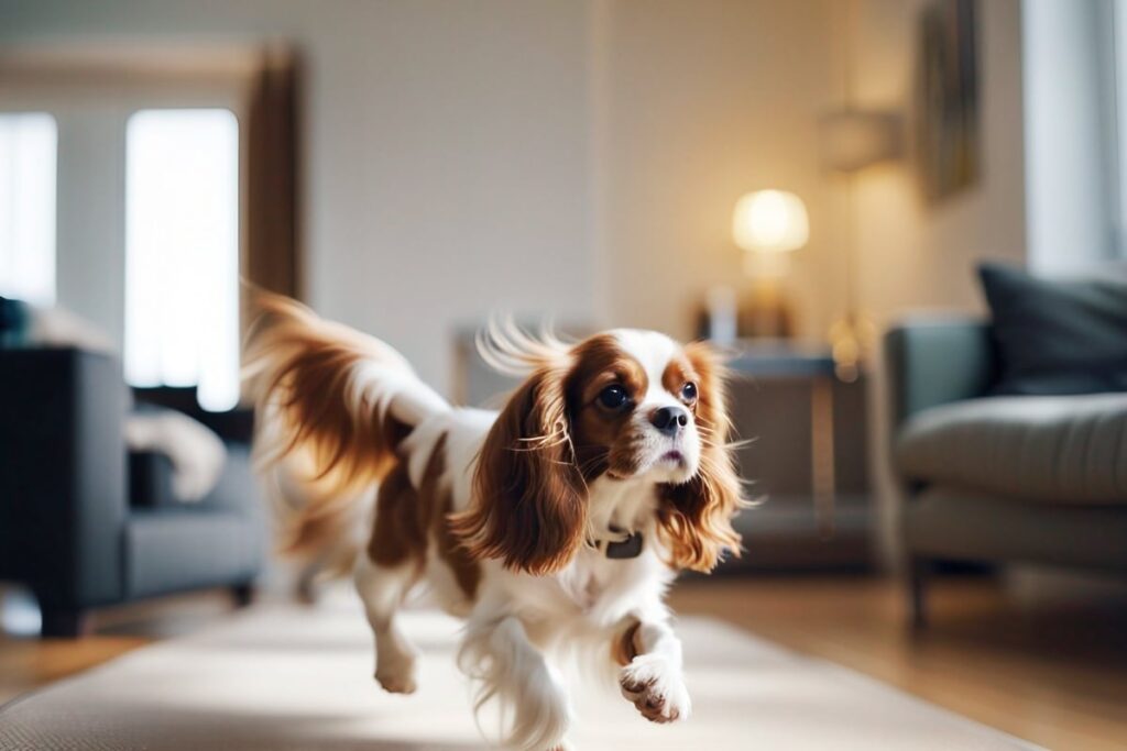 An energetic Cavalier King Charles Spaniel in an apartment