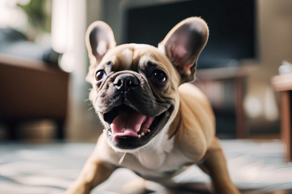 An image of a French Bulldog puppy clowning around