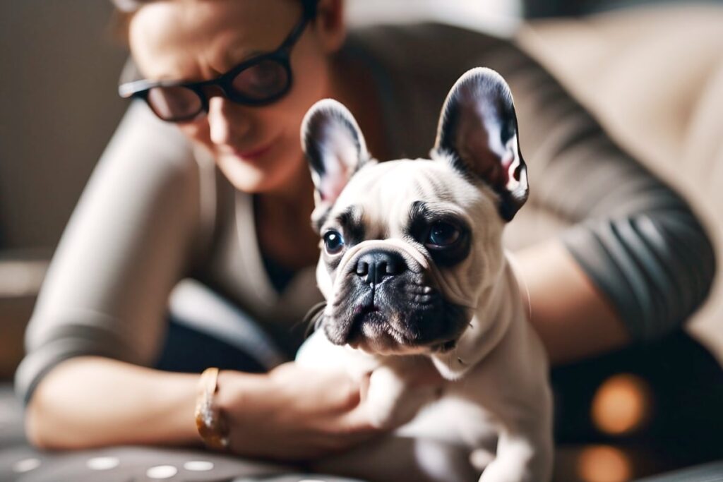 An owner and a French Bulldog puppy bonding