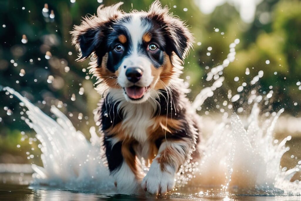 Aussie puppy runs through the water