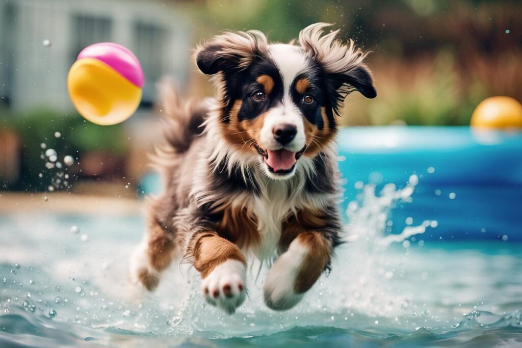 Australian Shepherd Puppy Chasing a ball into backyard pool
