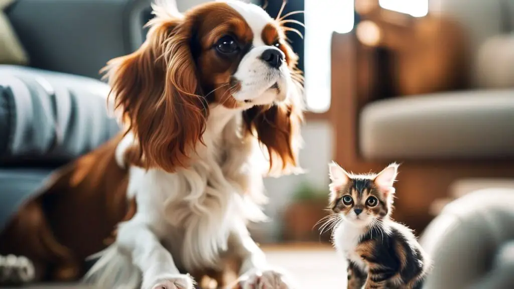 Cavalier King Charles Spaniel and kitten