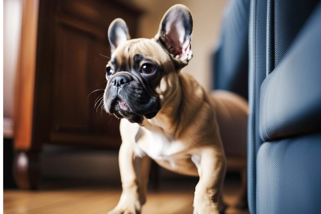 French Bulldog puppy maneuvering around furniture in a cramped apartment
