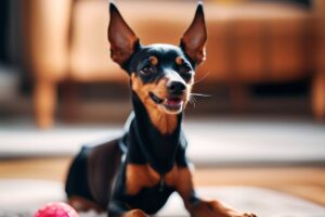 Miniature Pinscher playing with dog toys