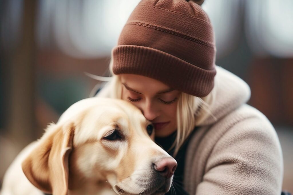 Owner cuddling and spending quality time with their Labrador Retriever