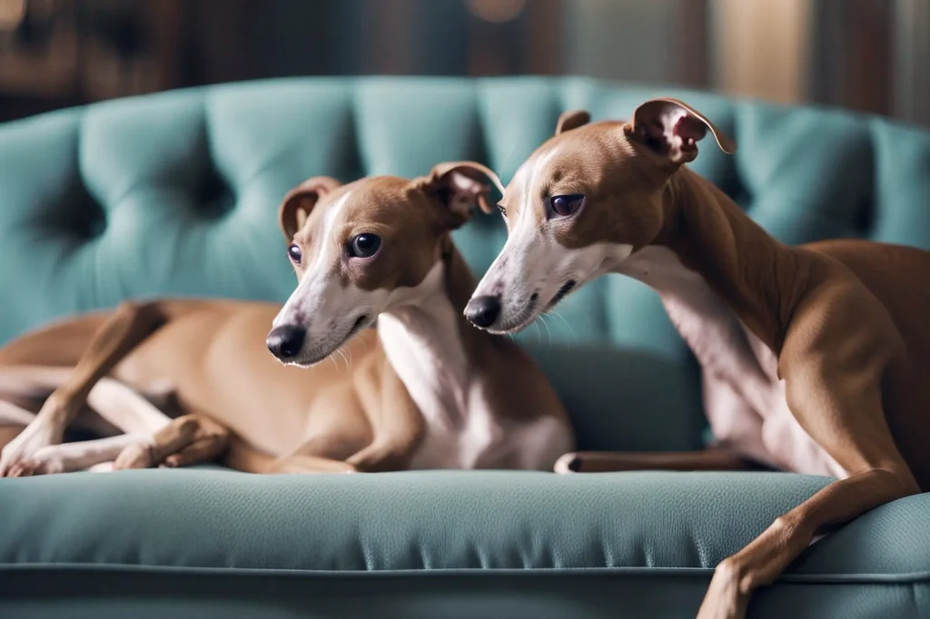 Two Italian Greyhounds taking a nap on a stylish Italian sofa