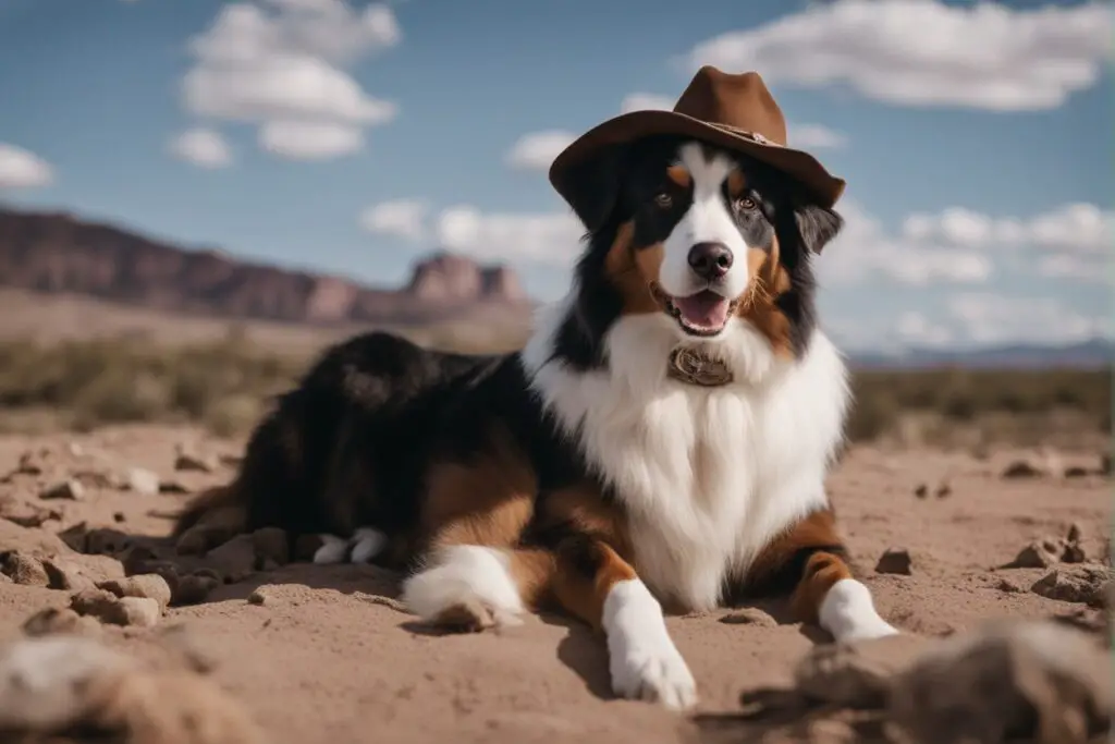 Australian Shepherd in the American west wearing a cowboy hat