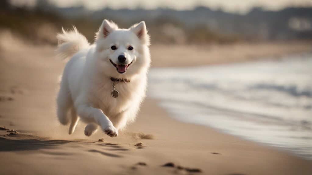 American Eskimo Dogs exercise at the beach