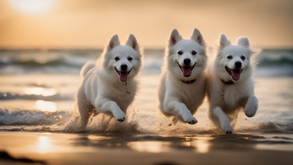 American Eskimo Dogs having fun at the beach