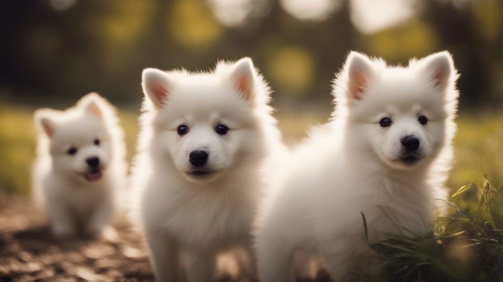 American Eskimo Puppies playing in the park