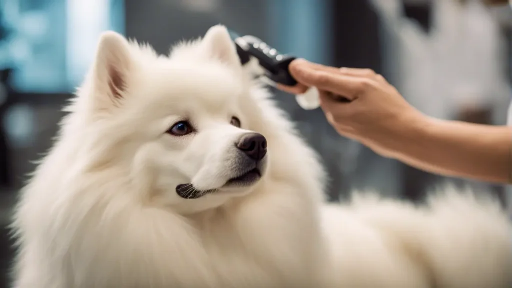 American eskimo dog getting groomed