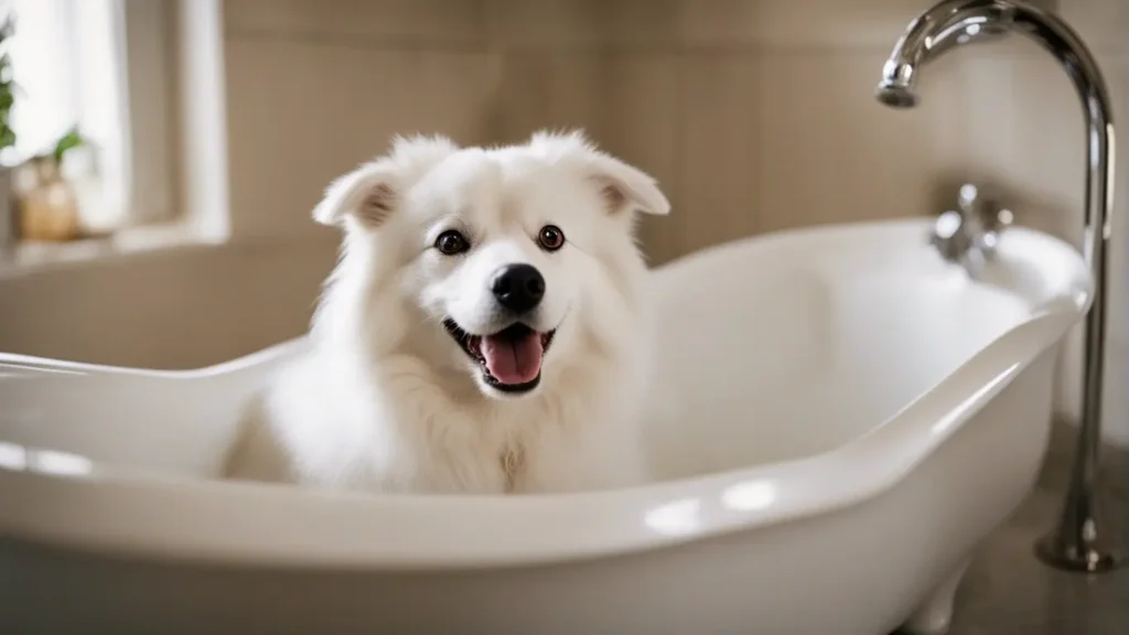 American eskimo dog in the bath