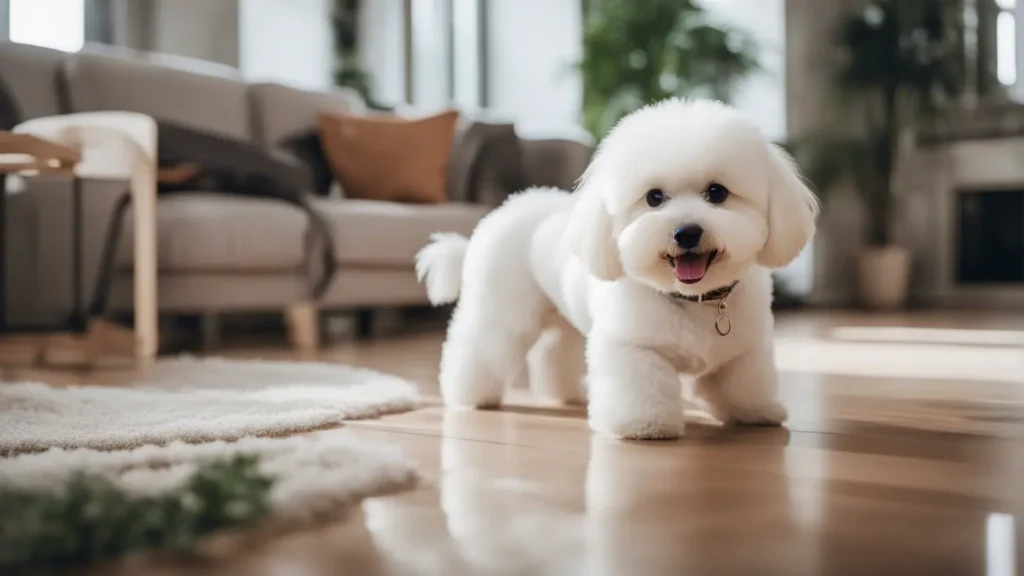 Bichon Frise playing in the house