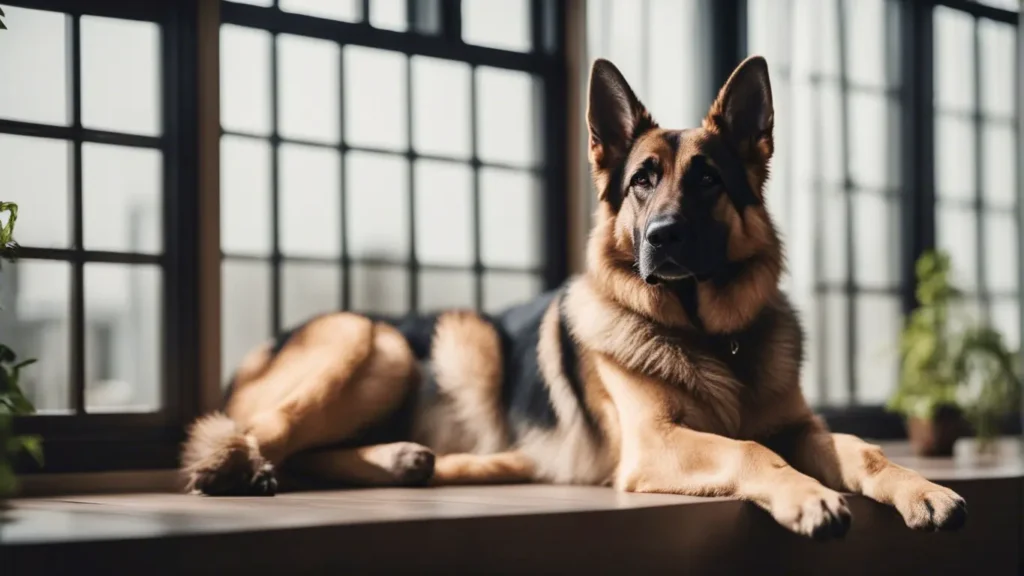 German Shepherd Sitting on guard looking out of a window