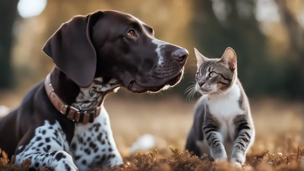German Shorthaired Pointer with a cat sitting happily