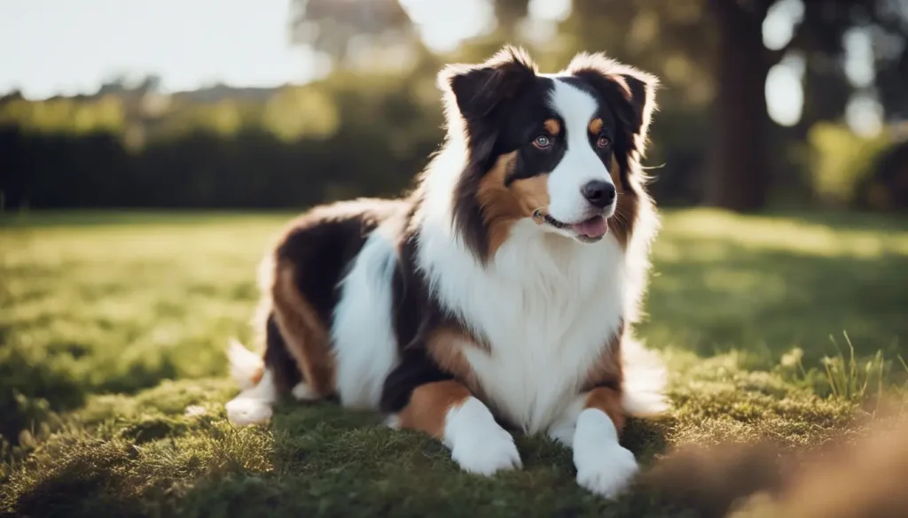 Australian Shepherd sitting in the backyard