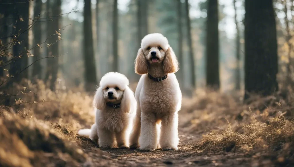 Poodles hunting in the forest