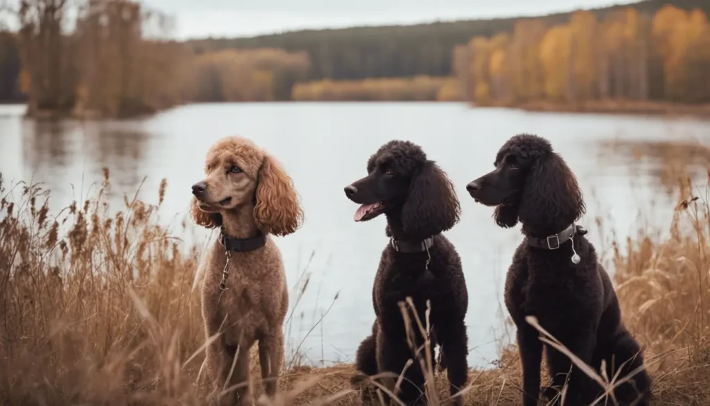 Poodles hunting near the lake with duck blind