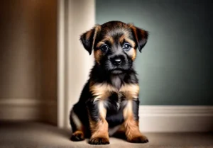 A Border Terrier puppy attentively sitting in a calm home environment looking