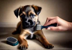 A Border Terrier puppy being brushed by its owner with a slicker