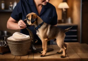 A Border Terrier puppy being groomed by its owner a moment of