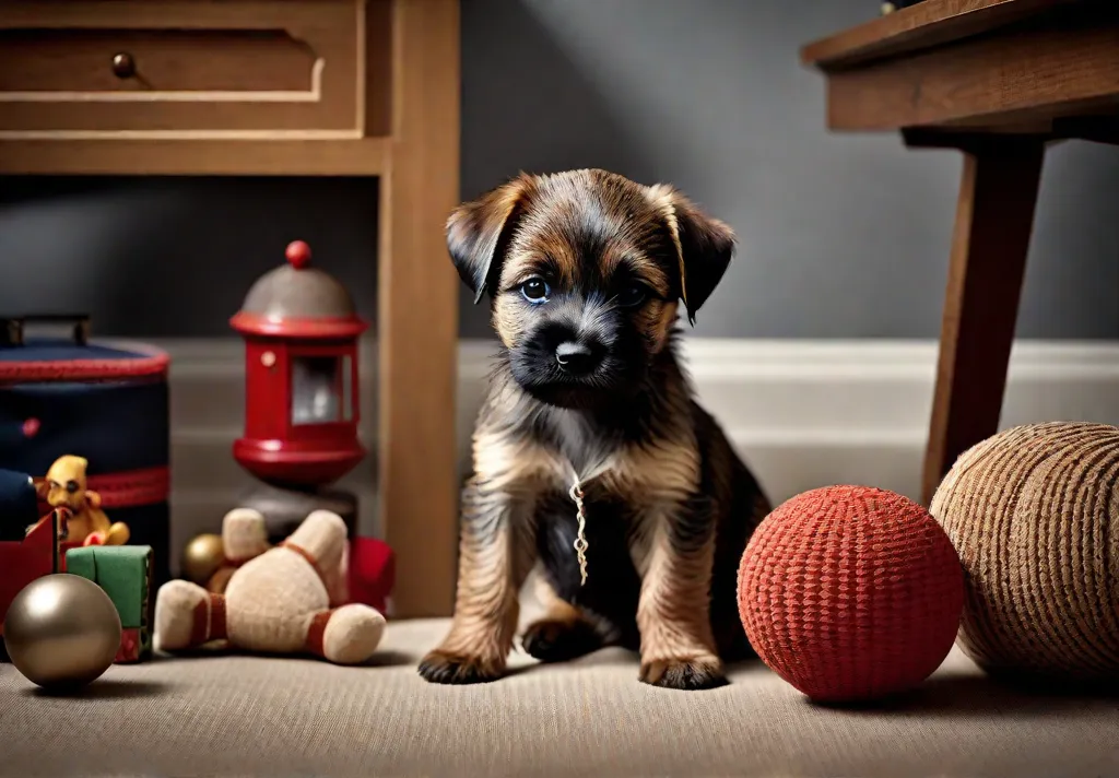 A Border Terrier puppy contentedly lying down in a room alone with