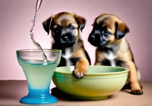 A Border Terrier puppy discovering its reflection in a bowl of fresh