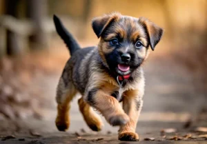 A Border Terrier puppy eagerly bouncing towards the camera with its tail