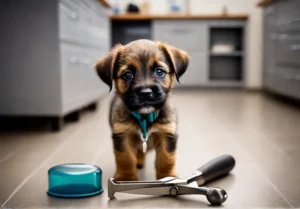 A Border Terrier puppy eagerly exploring the vets office showcasing a mix