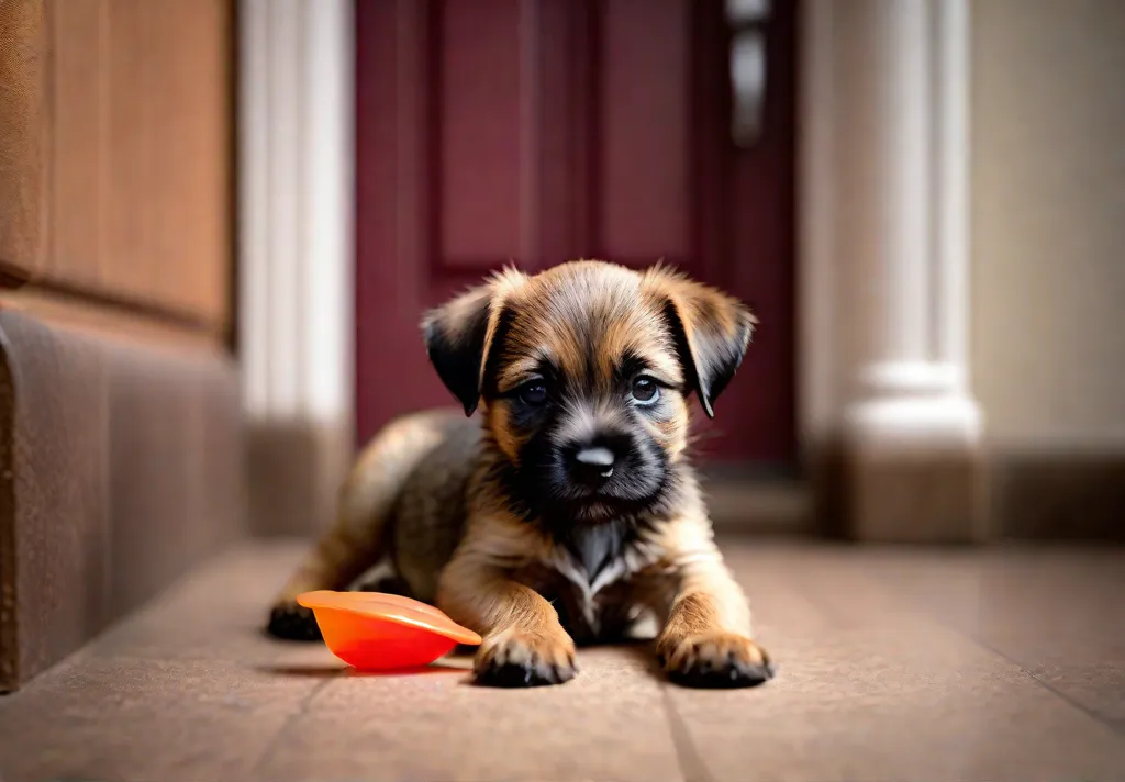 A Border Terrier puppy gently redirected to chew on a puppysafe toy