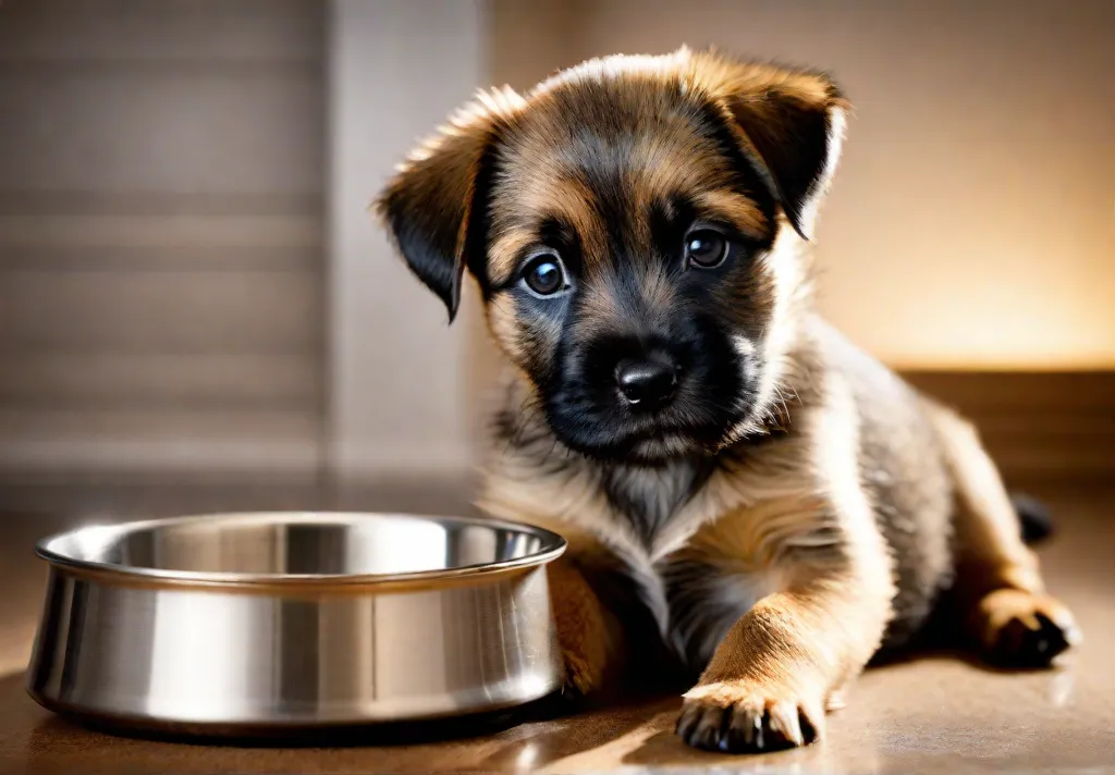 A Border Terrier puppy joyfully munching on a bowl of highquality puppy