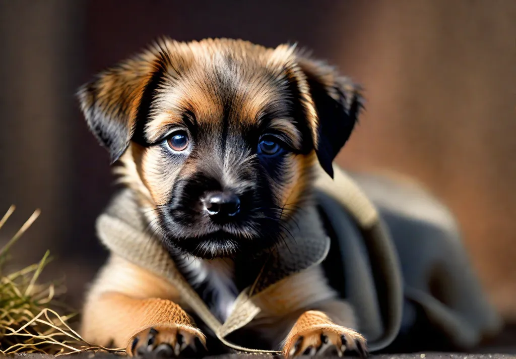 A Border Terrier puppy looking into the camera its wiry topcoat and