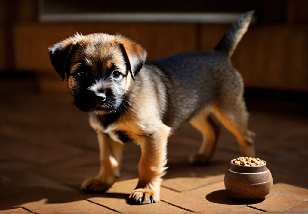 A Border Terrier puppy mastering the leave it command eyeing a treat