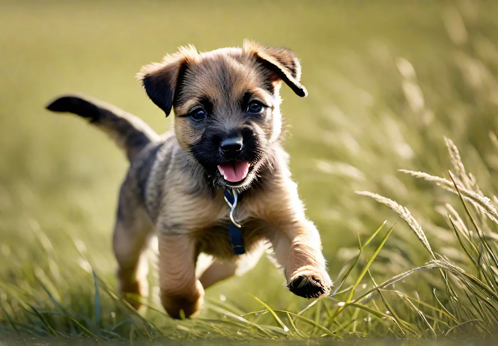 A Border Terrier puppy midleap in a grassy field with its tongue