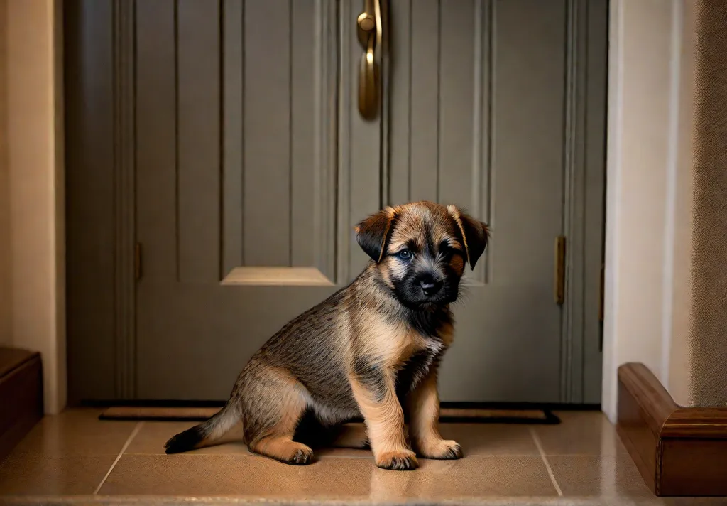 A Border Terrier puppy signaling to go outside with an alert posture