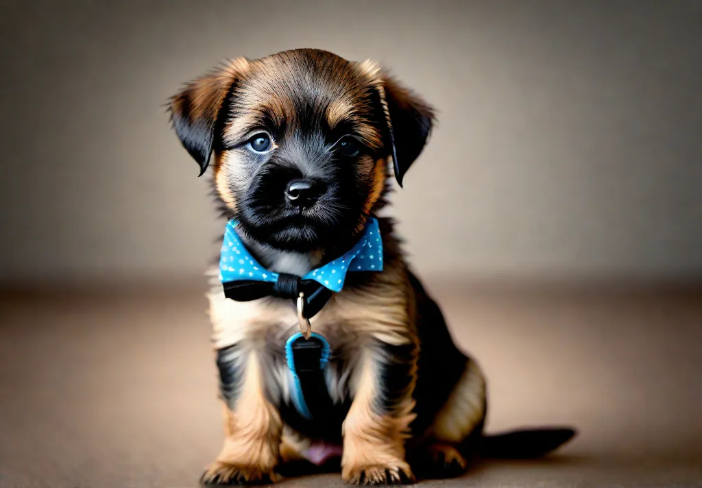 A Border Terrier puppy sitting attentively eyes fixed on a healthy training