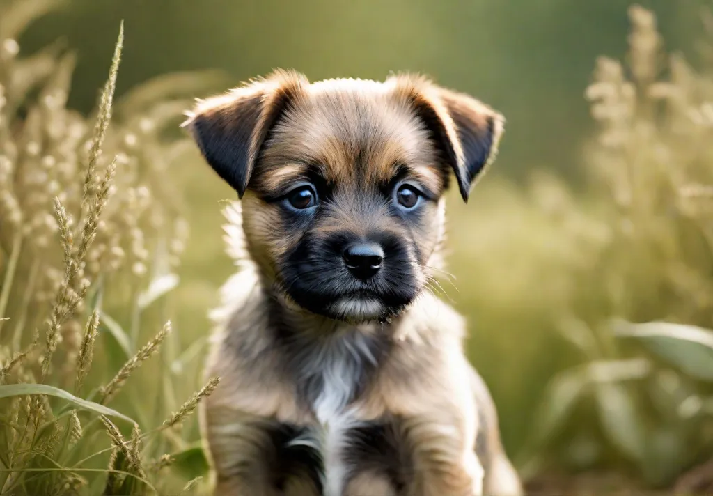 A Border Terrier puppy standing in a lush British countryside setting its