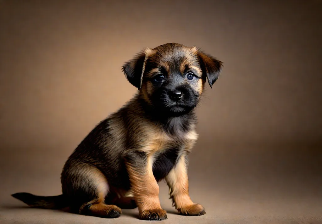 A Border Terrier puppy tilting its head to one side with a