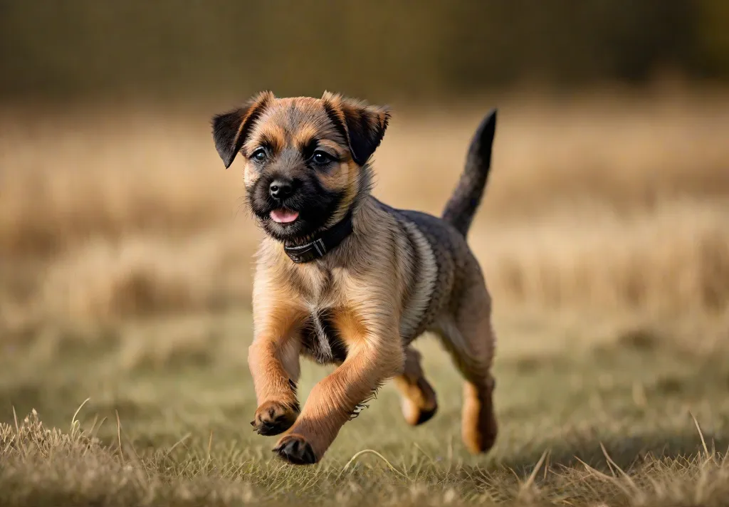 A Border Terrier puppy with a shiny wellgroomed coat running through a