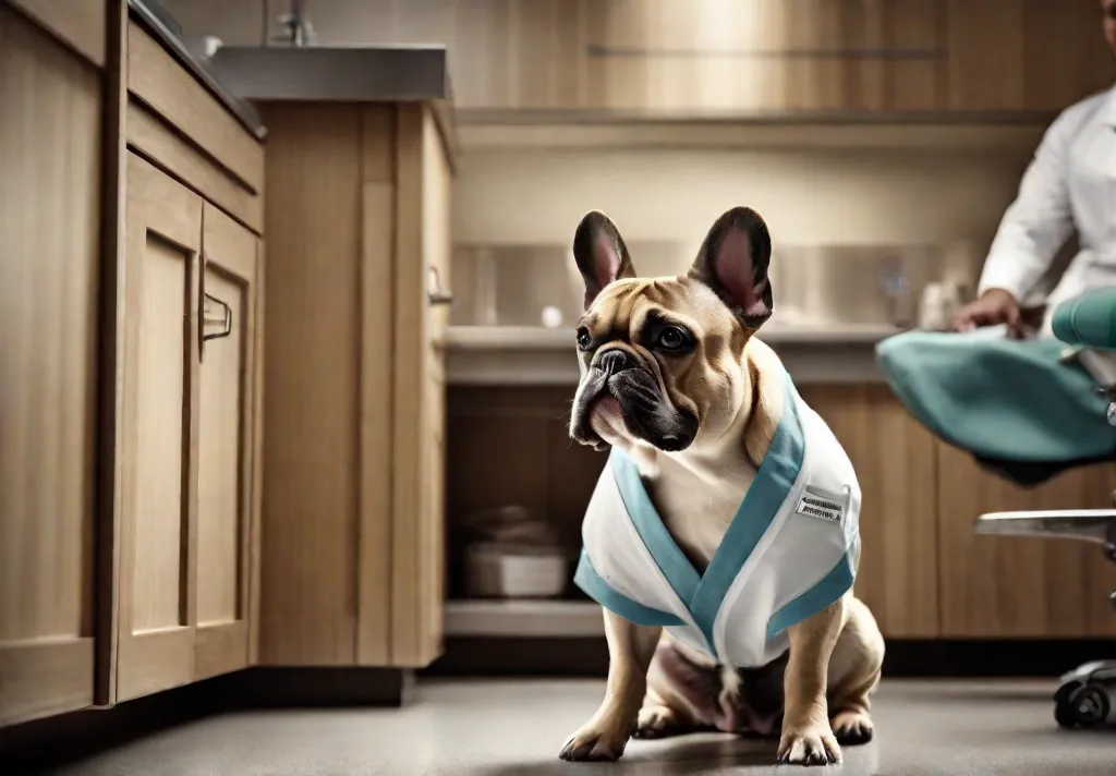 A French Bulldog at a veterinary clinic calmly receiving a routine checkup